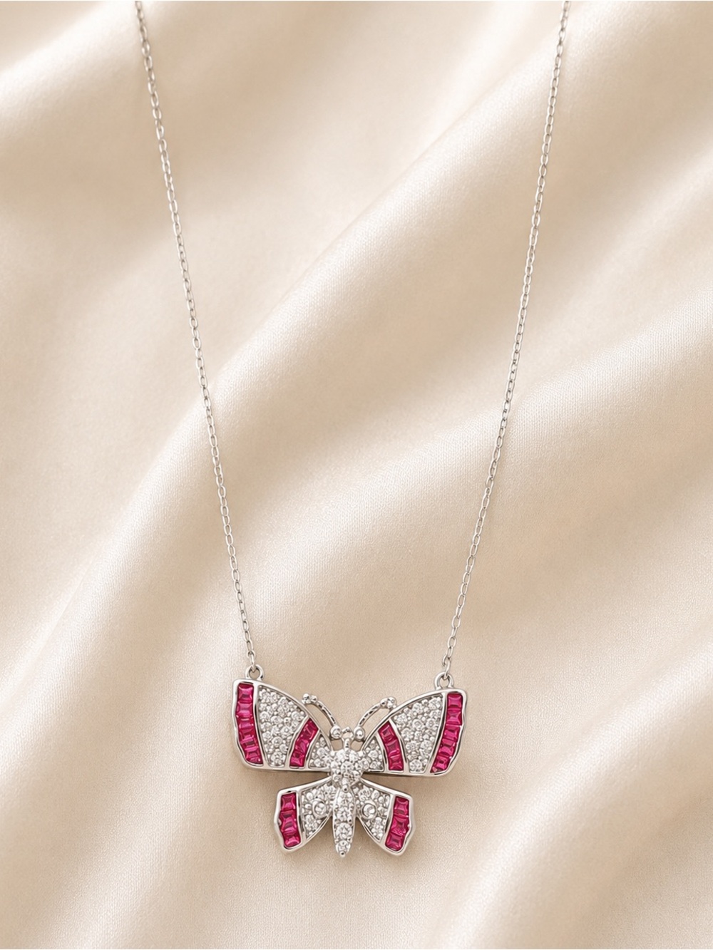 925 Sterling Silver Butterfly Necklace with Pink CZ Stones | New